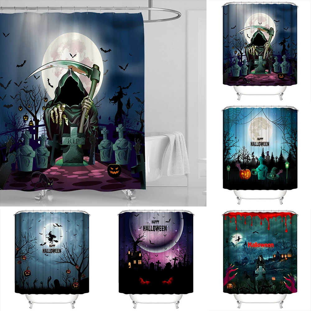 Halloween Waterproof Polyester Fabric Bathroom Curtains Scary Grave