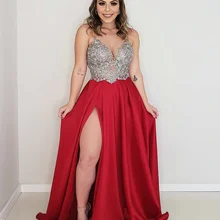 Сексуальные атласные вечерние платья с аппликацией на тонких бретельках, платья для выпускного вечера с Боковым Разрезом, без рукавов, ТРАПЕЦИЕВИДНОЕ платье с открытой спиной, официальное платье De Soiree