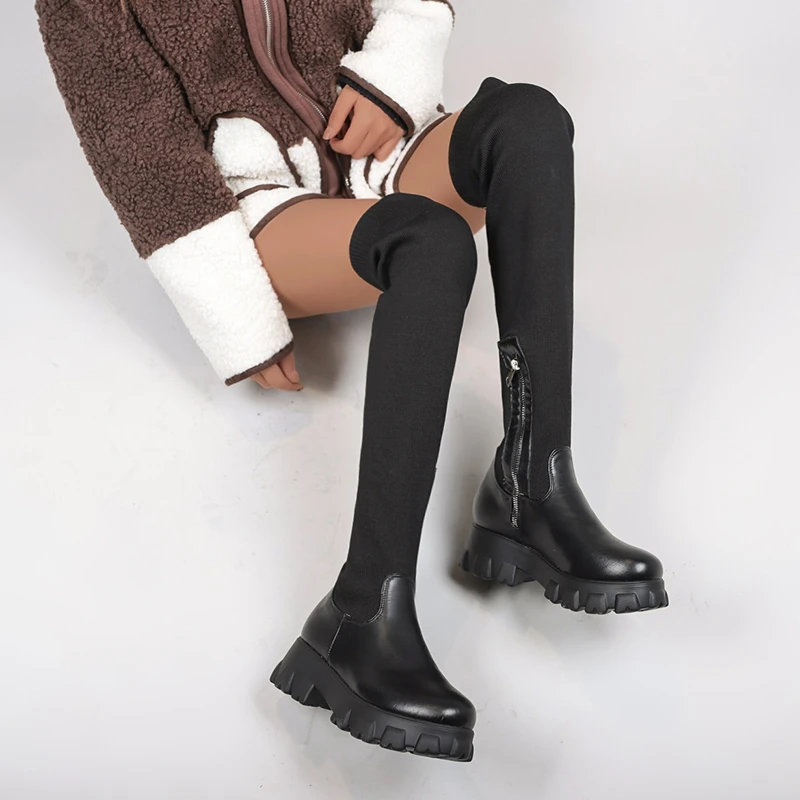 Botas hasta la rodilla de tacón alto con suela gruesa para mujer, calcetines por encima de rodilla, de lycra elástica, para invierno, nuevas|Botas sobre la rodilla| - AliExpress