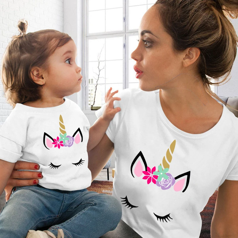 Cute Unicorn Printed Family Matching Clothes T Shirt Fashion Mommy and Me Clothes Family Look Short Sleeve Tee Shirt