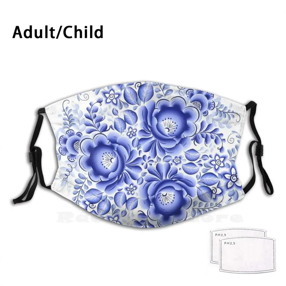 

Blue Floral Design In Russian Gzhel Style Print Washable Filter Anti Dust Mouth Mask Blossom Blue Decorative Floral Flower