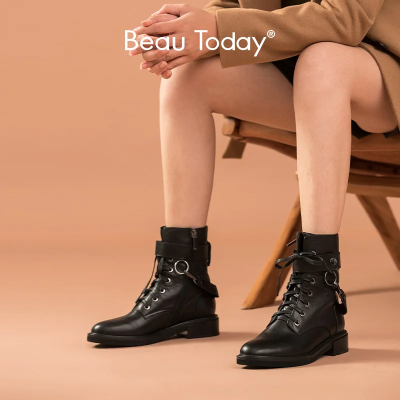BeauToday/Женские ботинки в байкерском стиле из натуральной телячьей кожи с боковой молнией и перекрестной шнуровкой; Модные женские ботильоны ... BeauToday/Женские ботинки в байкерском стиле из натуральной телячьей кожи с боковой молнией и перекрестной шнуровкой; Модные женские ботильоны ...