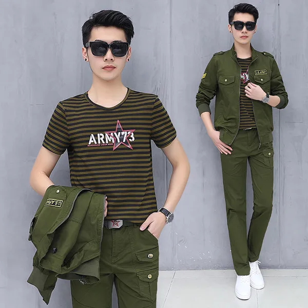 Men Army 2pcs Set Камуфляжный спортивный костюм, женская одежда, комплект из трех предметов, Vetement Femme, камуфляжная куртка+ футболка+ штаны, комплект, уличная одежда для женщин - Цвет: Men Army 2pcs Set