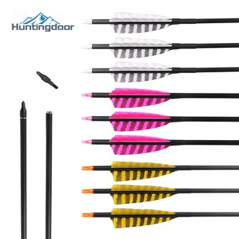 

12PCS Pure Carbon Arrows 32inch For Compund Bow 4 inch Feather Spine400 Hunting Arrows Replacement Screw-In Broadheads