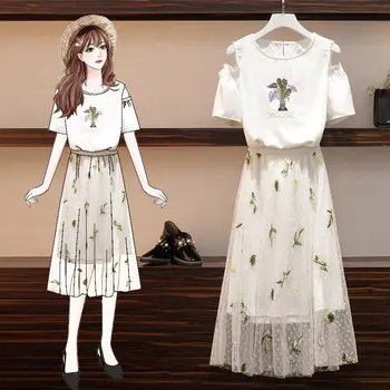 

Kawaii Two Piece Outfits For Women O-Neck Hollow Out Embroidery Bell Sleeve T Shirt Fashion Dot Mesh Flods Skirt Short Set