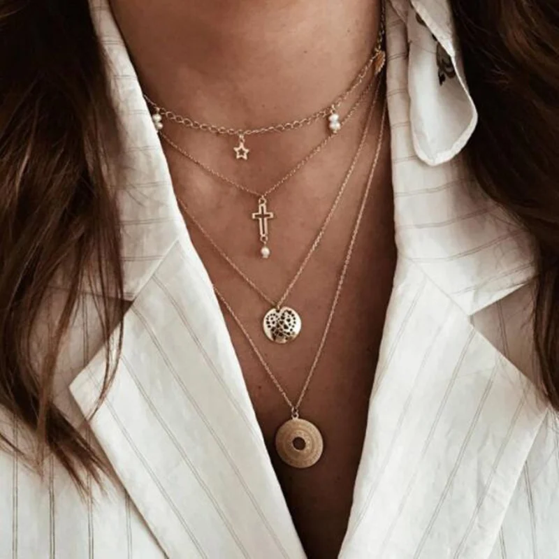 

Fashion Multiple Layers Cross Star Disc Necklaces For Women Charm Gold Color Chokers Necklace Boho Collares Female Party Jewelry