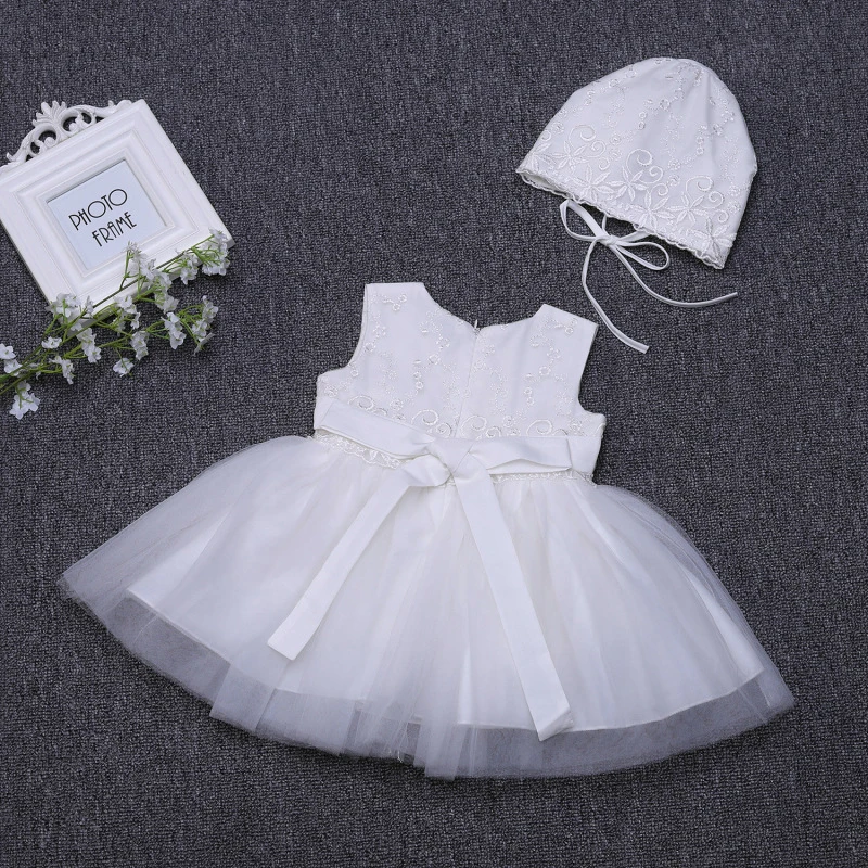 Платье на крестины для новорожденных; Белый наряд для крещения; платье для первого дня рождения для маленьких девочек с фатиновой юбкой-шляпкой; детский крестильный комплект