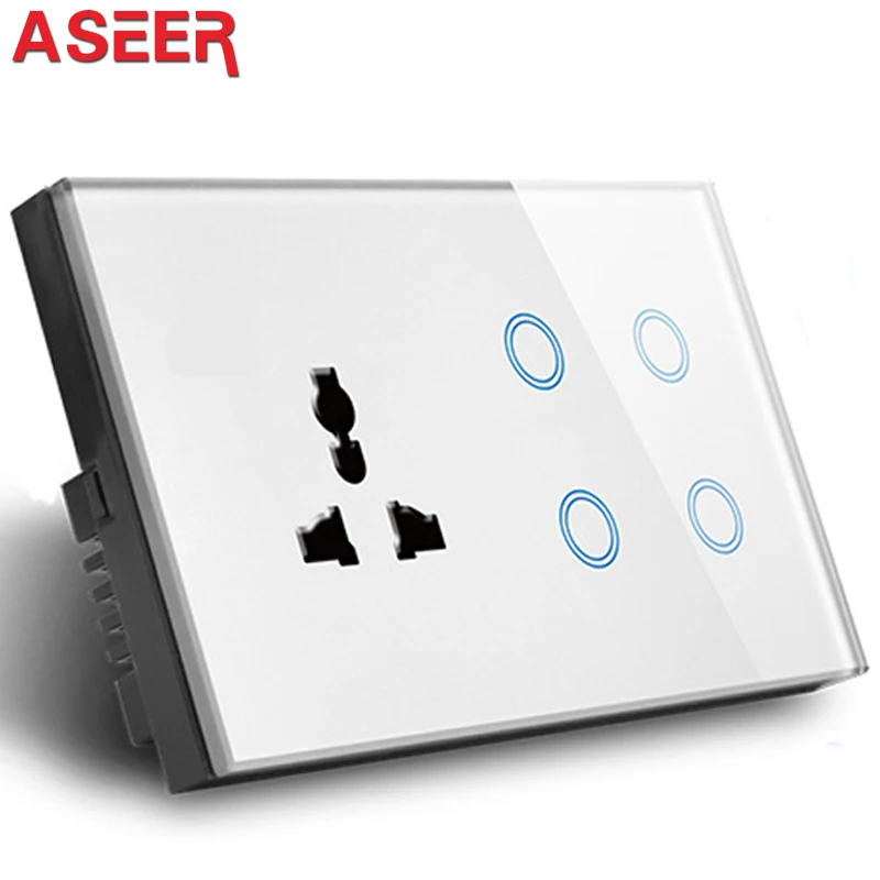 ASEER UK 4 банды wifi выключатель света с обычной розеткой, черная стеклянная панель смарт-переключатель розетка, совместимый alexa, google assistant - Тип: White Color