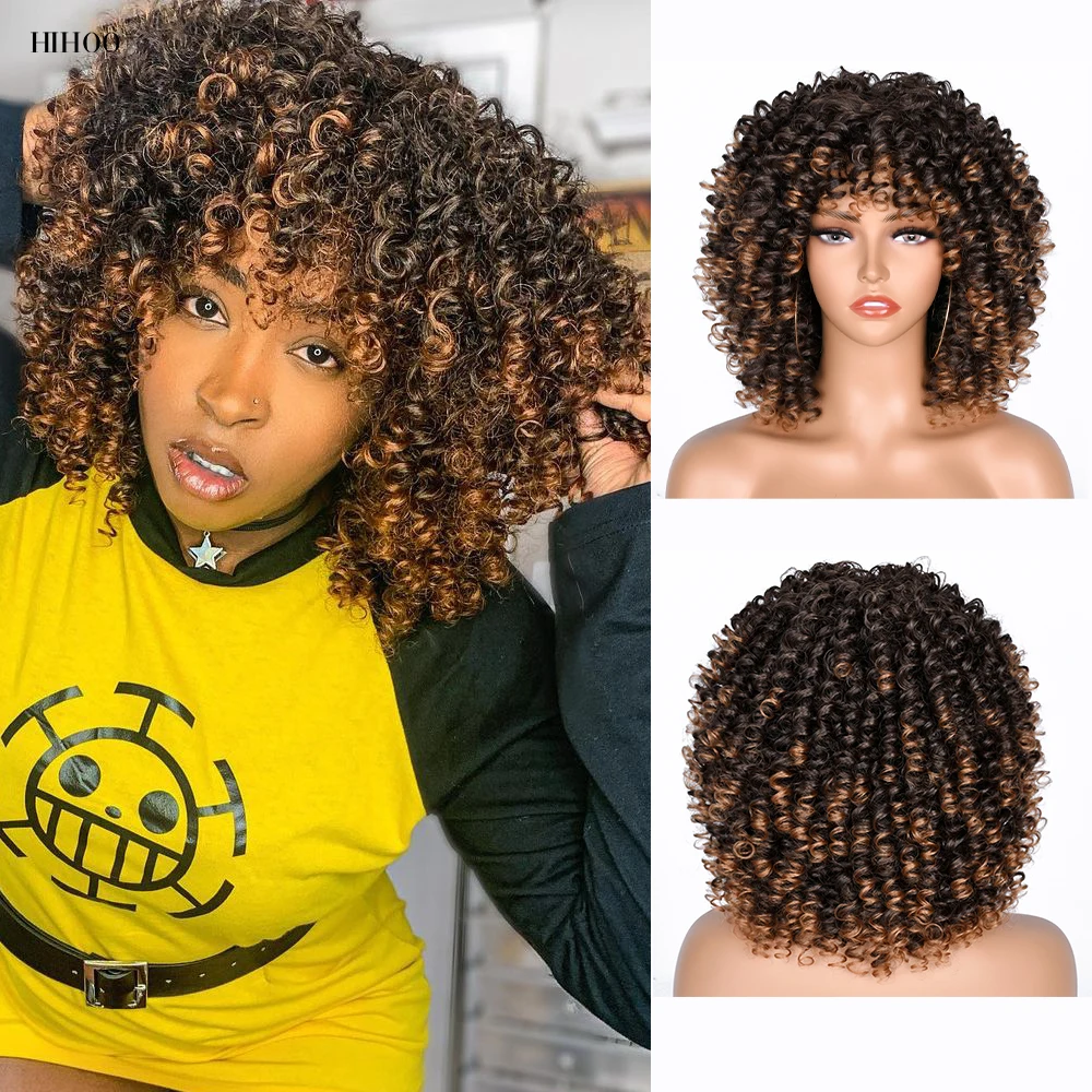 

Short Curly Wigs with Bangs for Black Women Afro Kinky Curls Heat Resistant Natural Looking Synthetic Wig for African Women