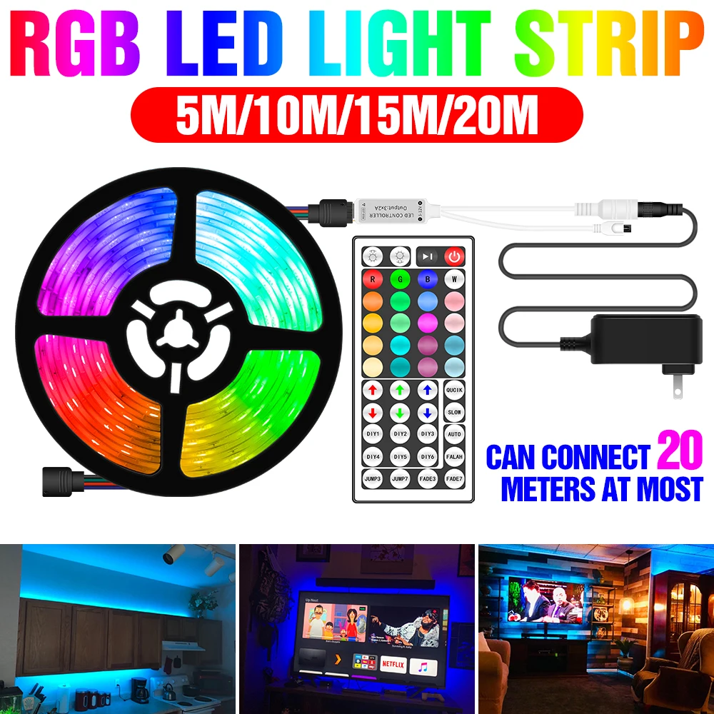 

5050SMD Strip Light RGB LED 12V Fita Lamp Remote Control Switch Flexible Light Ribbon USB Adapter RGB Diode Tape 5M 10M 15M 20M