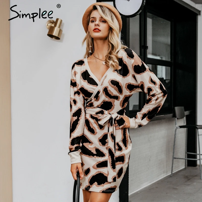 Simplee Sexy v-образным вырезом платье женщин высокой талией леопардовое женский