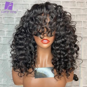 

Luffywig Bouncy Curly Scalp Base Top Full Machine Made Wig with Bangs 180 Density Brazilian Remy Curly Human Hair Wig with Bangs