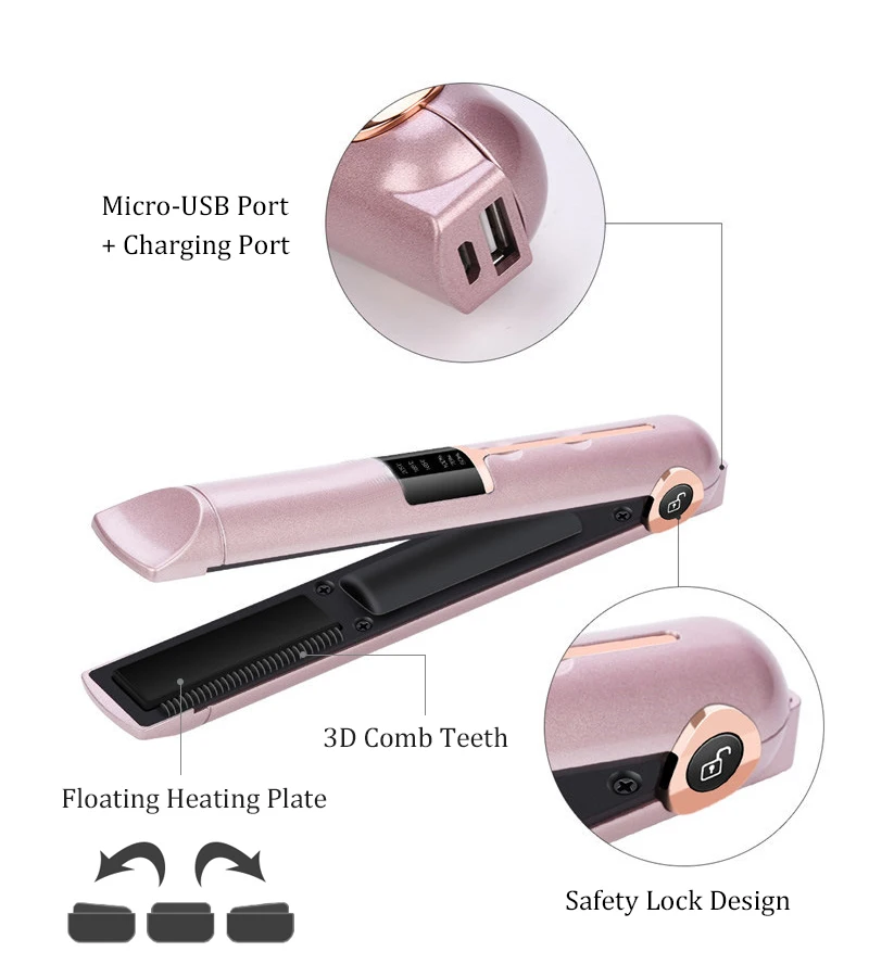 Портативный USB Перезаряжаемый выпрямитель для волос и бигуди с внешним аккумулятором для путешествий, плоская палочка для волос, беспроводное выпрямление, щипцы для завивки волос