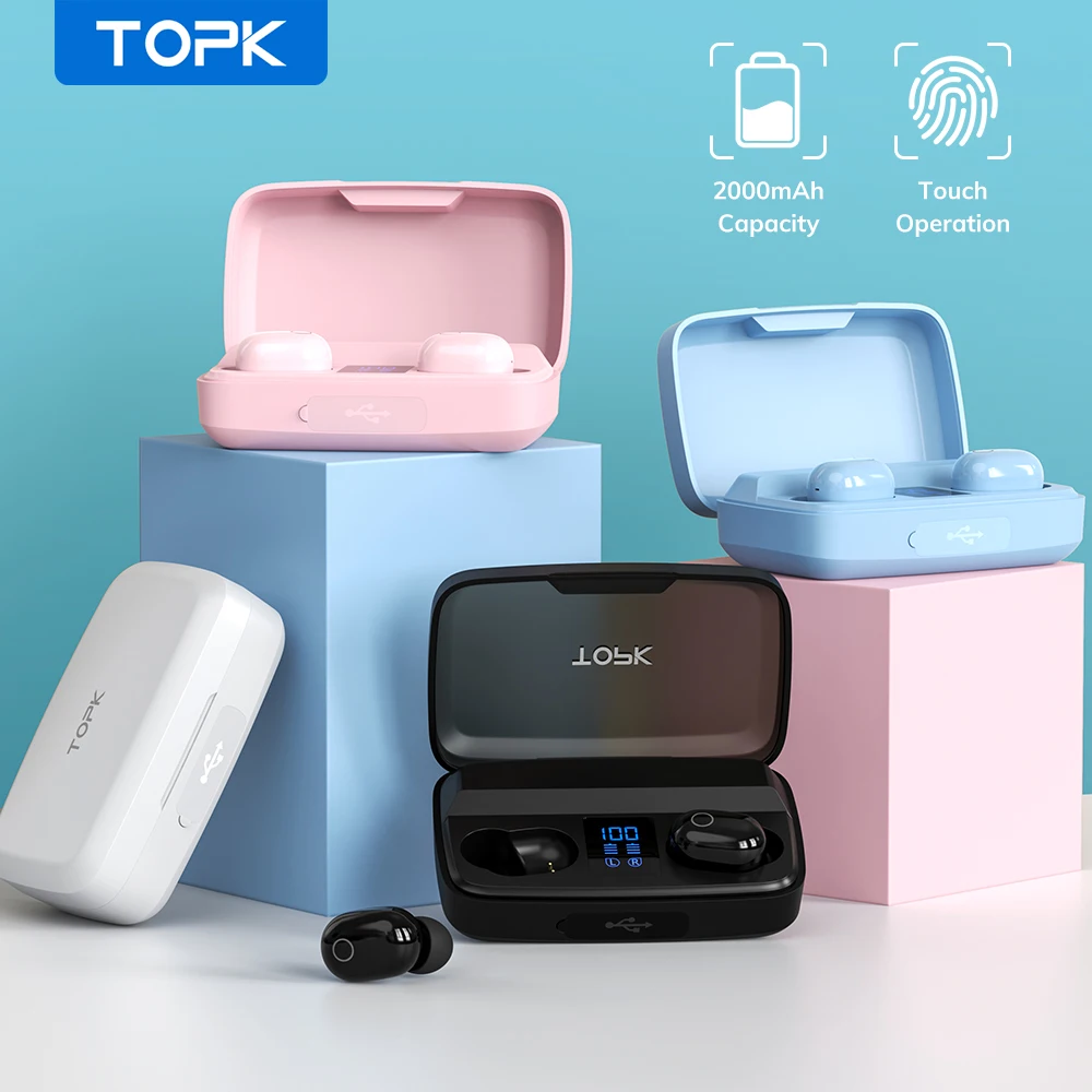 

TOPK Wireless TWS Bluetooth 5.0 Earphone Fingerprint Touch 2000mAh Charging Box Sports Waterproof earbuds for iPhone