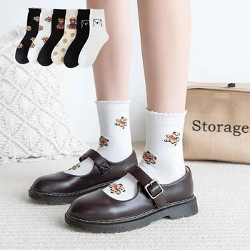 

Dreamlikeli Korea Fashion Woman Kawaii Socks Cartoon Bear Pattern Soft Cotton Female Crew Socks