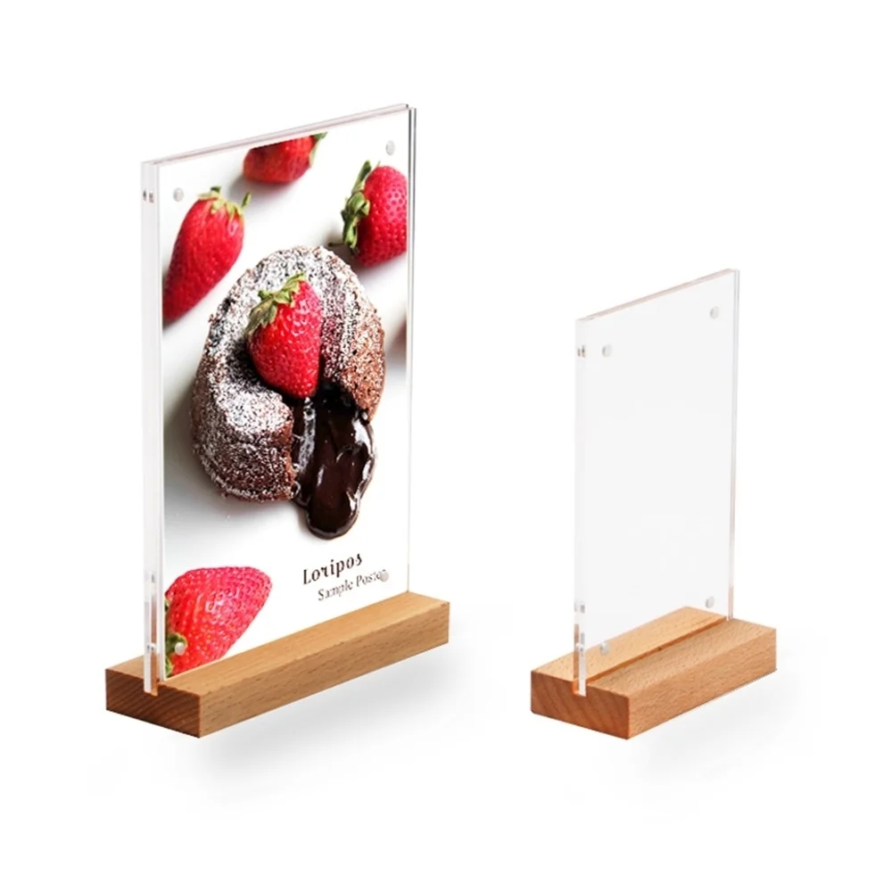 Acrylic Top Loading Double Sided Display Label Holder Wood Base Hotel Cafe Restaurant Food Advertising Poster Frame Desk Sign a4 wood base acrylic sign holder table top menu card display stand for 8 5 x 11 inches for hotel conferences events business