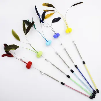 

New Style Cat Teaser Hand-made shui jing gan Color Feather Cat Teaser Plush Ball Bell Cat Playing Rod Cat Toy