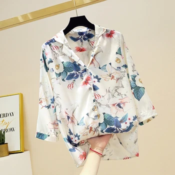 

Plus Size 4XL Blouse for Women 2020 Summer Autumn New Retro Suit Collar Three-Quarter Sleeve Printed Shirt Women's Shirts Tops