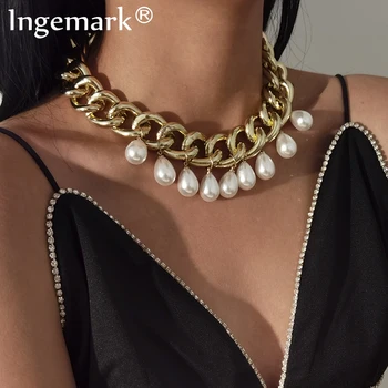 

Exaggerated Cuban Pearl Chain Necklace Multilayer Hip Hop Big Chunky Thick Tassel Aluminum Choker Necklace Women Men Jewelry