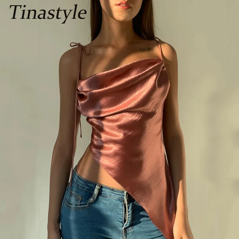 Tinastyle нерегулярные короткое платье без бретелек укороченный Топ для женщин 2021 летнее на тонких бретельках с