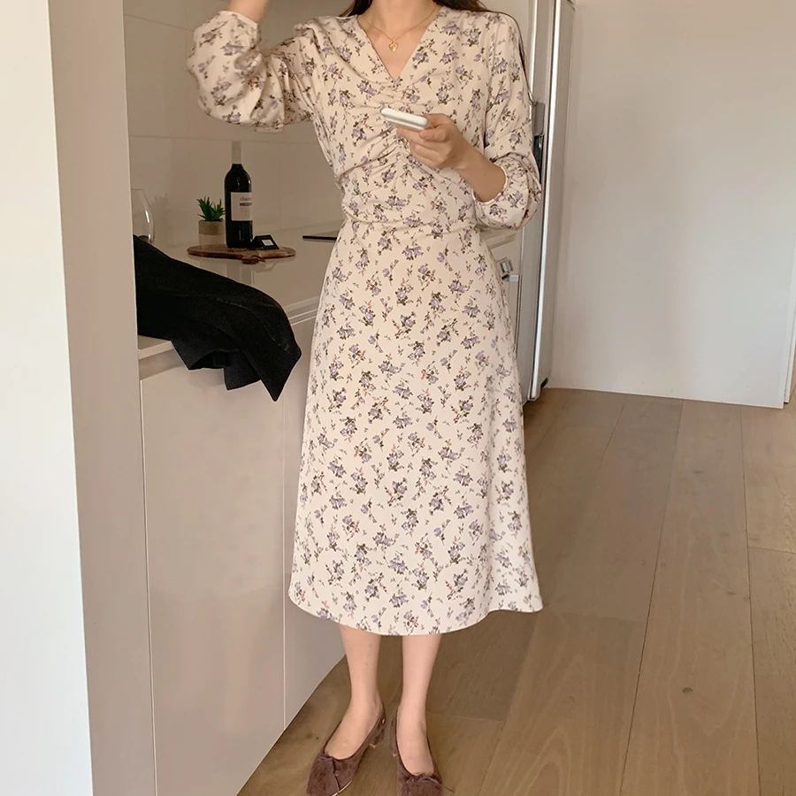 Women Autumn Floral Dress Long Sleeve V-neck Drape Tunic Elegant Korean Sukienki High Waist Casual Robe Femme Vintage Mujer
