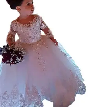

3/4 Sleeves Flower Girl Dresses For Weddings Ball Gown Tulle Appliques Beaded First Communion Dresses For Little Girls