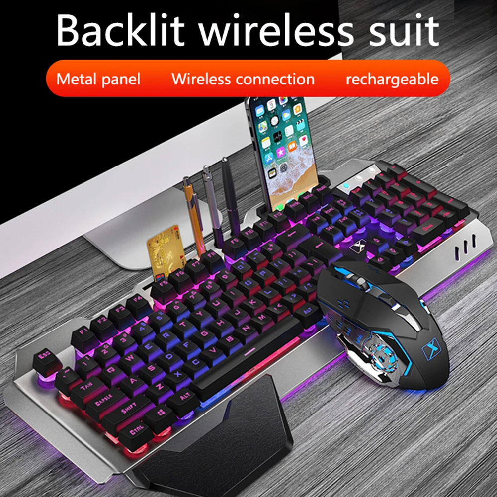 K680 Беспроводная игровая клавиатура и мышь с RGB подсветкой, набор из металлической панели, водонепроницаемая игровая клавиатура, оптическая мышь