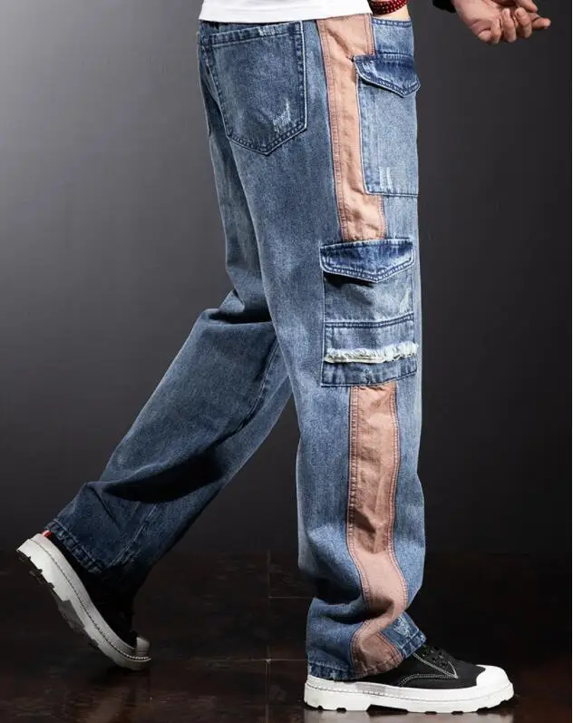 Multi-Pocket Loose Cargo Jeans Men Straight Fashion Wide-Legged Denim Pant Patchwork Baggy Jeans Size 29-40 6