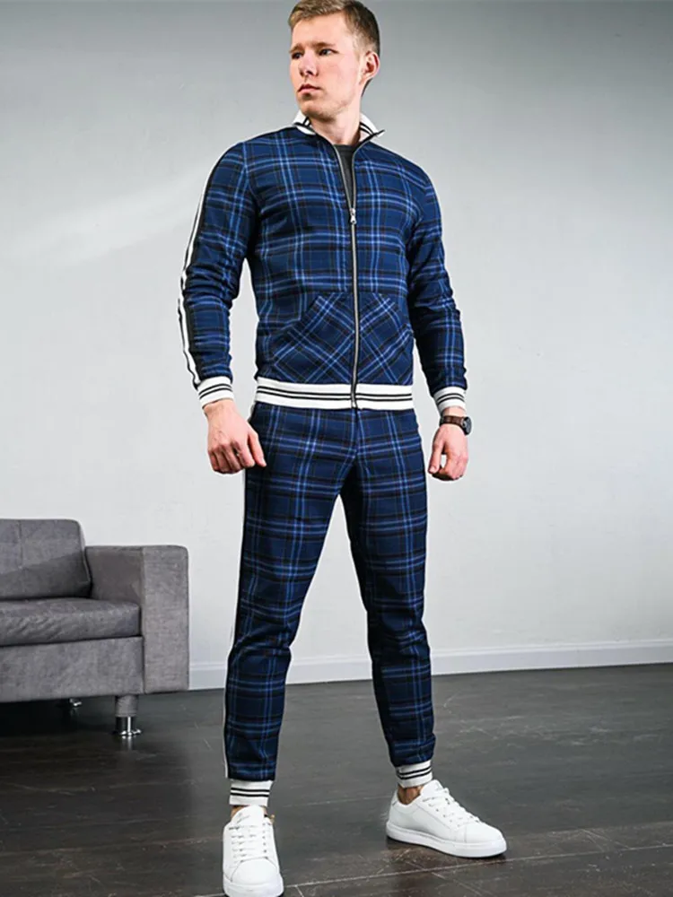

Men's 3D print Zipper jacket suit grid two-piece patchwork zipper hooded coat Fashion Small leg trouser suits Classic Sportswear