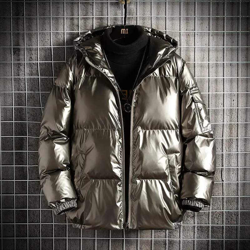 Casual Men's Autumn Winter Solid Color Parka Bright Thick Hooded Cotton-Padded Jacket Outwear LooseWater proof Warm Coat Clothes