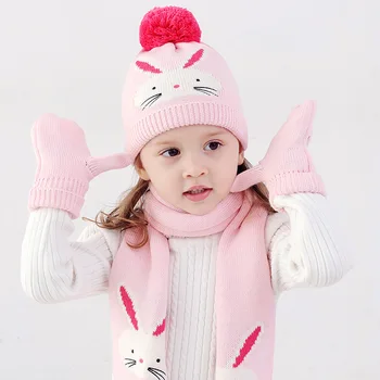 

Girl Hat Scarf Gloves Set Winter Knit Beanie Pink Warm Pompon Rabbit Dobby Skiing Autumn Outdoor Baby Toddlers Accessory