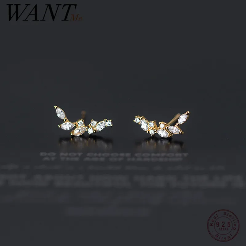 

WANTME 925 Sterling Silver Sweet Student Shiny Zircon Leaf Stud Earrings for Women Romantic Flower Branch Wedding Party Jewelry