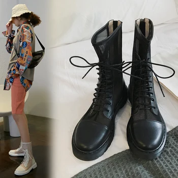 

Genuine Leather mesh Women Summer Boots Lace Up Back Zipper Autumn Thick low Heels 2020 Newest Party Basic Shoes Woman