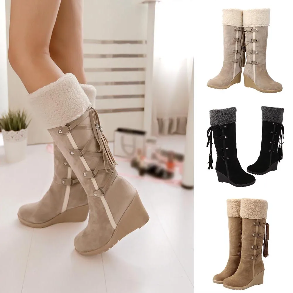 

Winter Boots Women leather After Sanding With Tassels Ladys Shoes High Sleeves Wedges Snow Knee High Long Boots Invierno Mujer