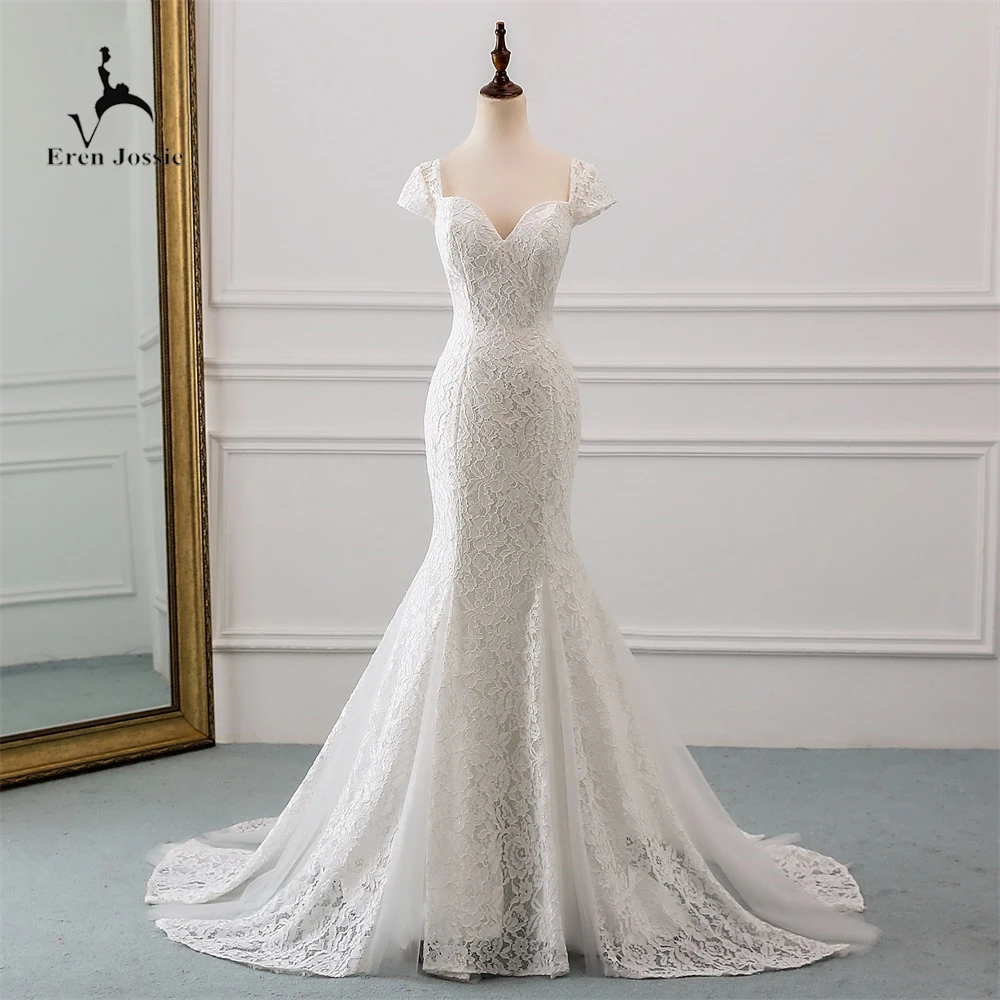 Eren Jossie Cap Sleeves Mermaid Design Ivory Lace Bridal Wedding 2021 Dress With Zip Back Sweep Train Custom Made | Свадьбы и