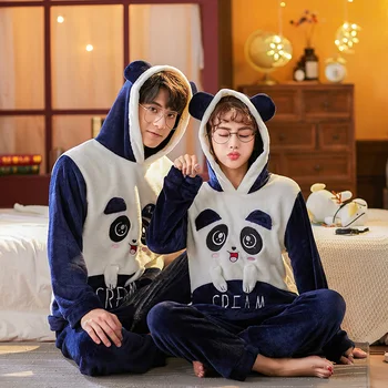 

Young Lover Pajamas Women Long-sleeved Autumn Winter Pyjama Loose Men Couple Pijama Set Warm Sleepwear Top+ Men Pant