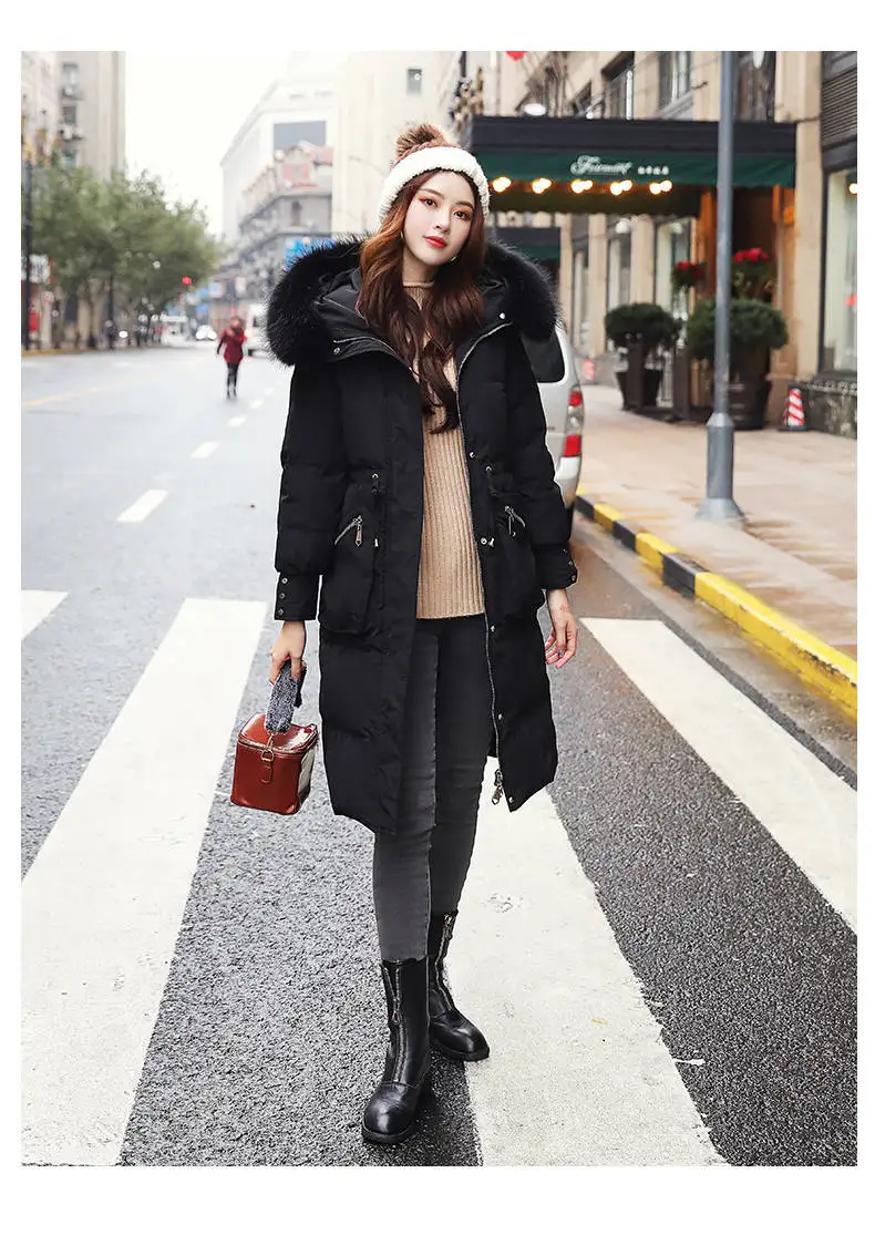 Женская куртка-пуховик с воротником из натурального меха, с наполнителем из белой утки, толстое теплое длинное пальто с капюшоном, ветрозащитное Женское зимнее пальто, зимняя одежда