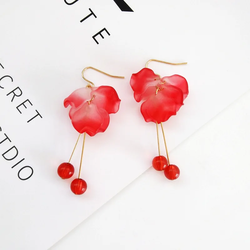 Aretes de mujer, современный стиль, дизайн, большие красные лепестки роз, серьги с кисточками, тренд, темперамент, летние корейские серьги для женщин