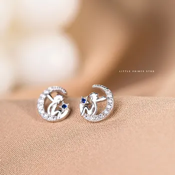 

100% Real 925 Sterling Silver Little Prince and Moon Stud Earrings Small Earrings for Women Girls