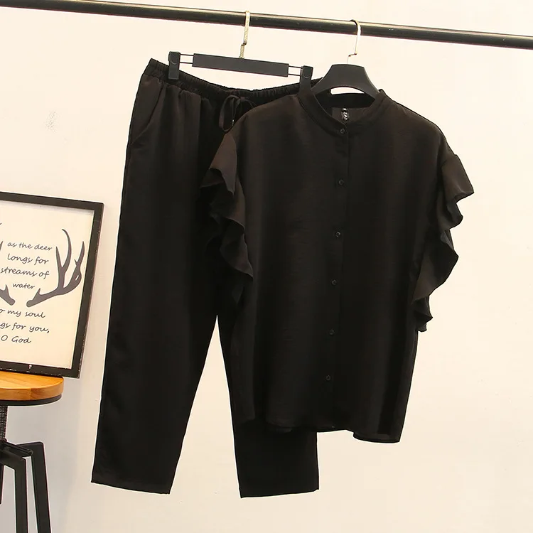 

New Style Fat Mm Chiffon Stand Collar Flounced Sleeves Tops + Pants Two-Piece Set Large Size Versatile Slimming WOMEN'S Suit C12