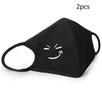 

2Pcs Men Women Summer Dustproof 3D Mouth Mask Cartoon Wink Smile Expressions Black White Washable Thin Cotton Face Cover