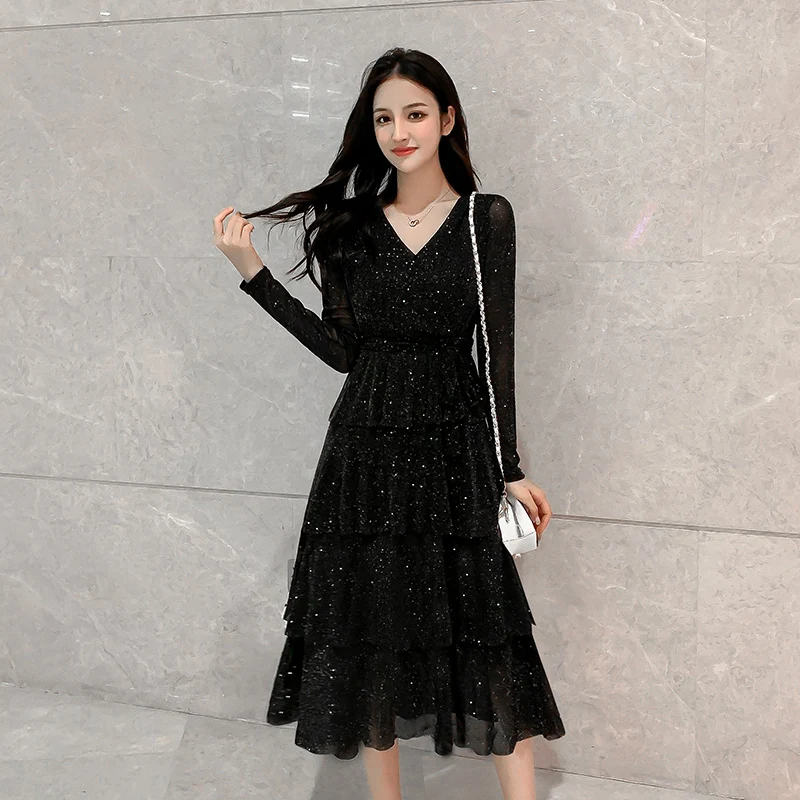 

S-5XL Black Mesh Sequin Dress Women Elastic Waist Vintage Ruffle Cake Sexy Club Dresses Midi Long Sleeve Plus Size Robe Femme