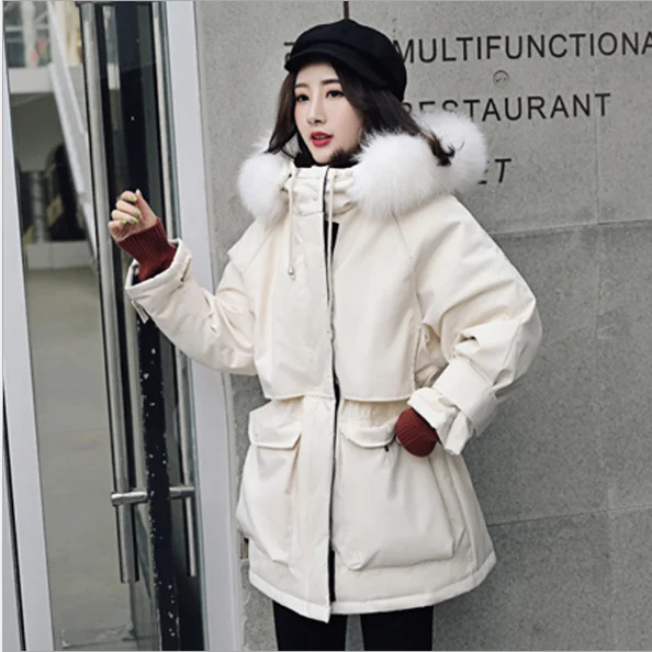 New Down Jacket Women's Fashion Casual White duck real fur Collar Short section Waist cotton coat Student Jacket - Цвет: Cotton