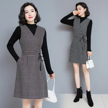 

Autumn And Winter Plaid 2 Piece Sets Womens Outfits O-neck Long Two Piece Set Top And Dress Year-old Female Costume
