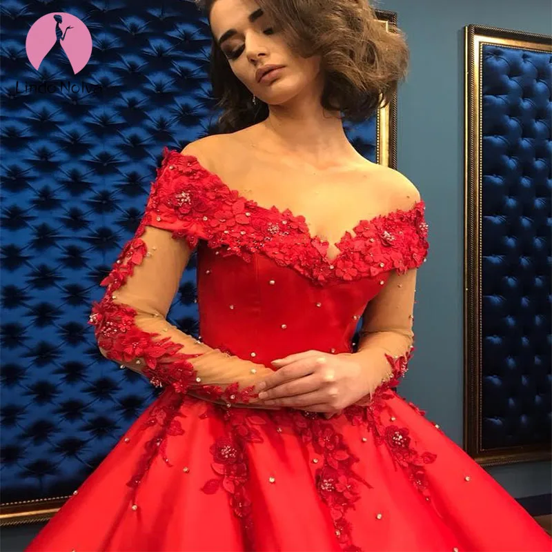 Elegant Red Ball Gown Wedding Dresses Sexy Off The Shoulder V Neck Long Sleeves Beaded Crystal Wedding Gowns Lace Up Bride Dress