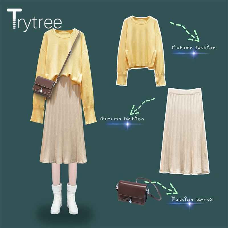 Trytree осенне-зимний женский комплект из двух предметов, повседневный Вязаный топ с круглым вырезом+ юбка в складку, модный офисный Женский комплект из 2 предметов