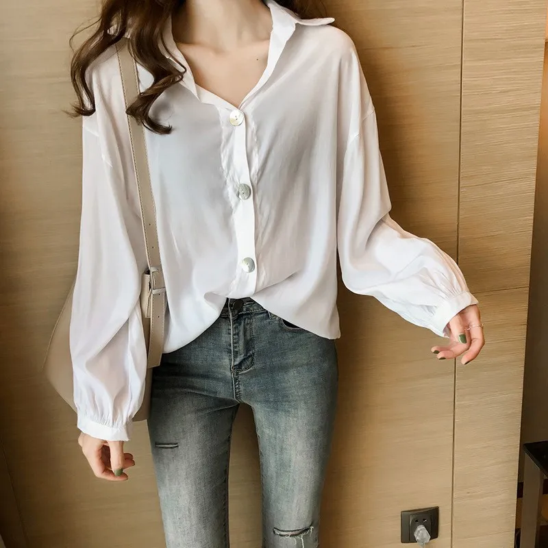New Blouses Women 2022 Autumn Button Turn-down Collar Solid Color Shirts Tops Loose Long Sleeve White Blouse