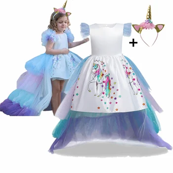 

4-10Y Girls Unicorn Dress Rainbow Pastel Long Tail Train Dress Baby Girl Princess Birthday Party Ball Gown Kids Horse Clothes