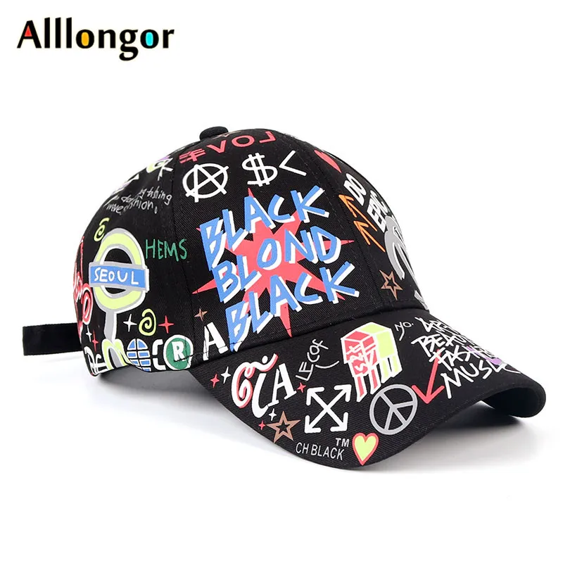 

Women Baseball Caps Men 2020 Summer Cap Graffiti Hat Letter Print Snapback Hip Hop gorra hombre casquettes femme White Black hat