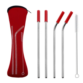 

6Pcs/set Reusable Stainless Steel Straws Straight Bent Drinking Straws with Silicone Tips for Hot Cold Beverage Drink Bar Tools